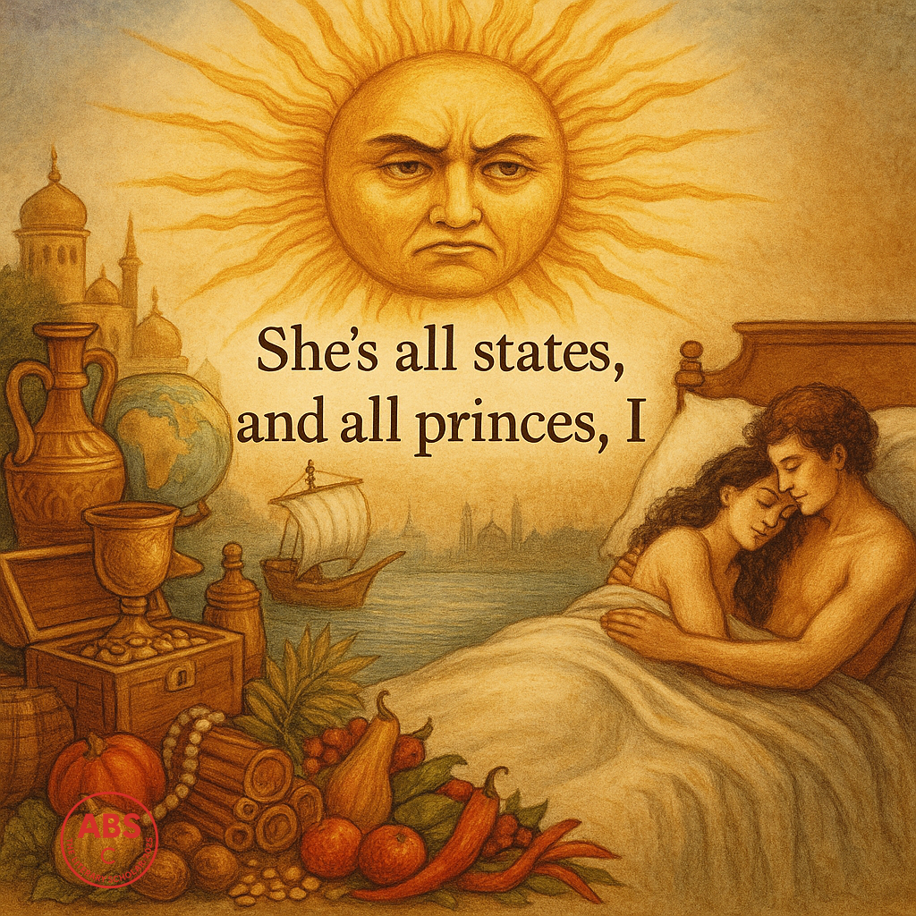 The sun stands between a couple resting in bed on one side and a dazzling display of worldly riches, spices, and kingdoms on the other