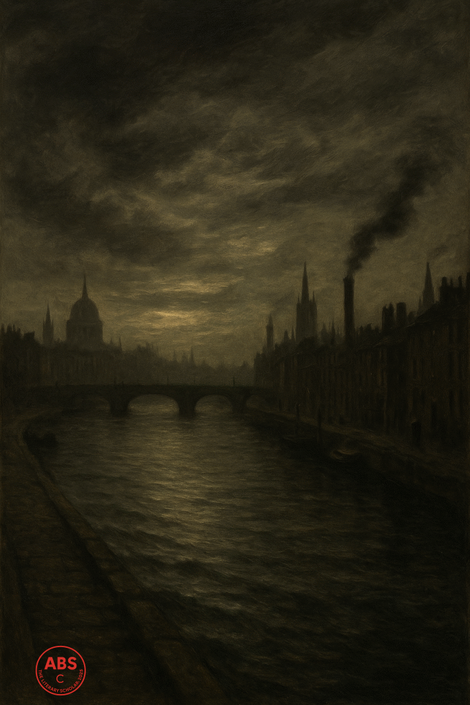 A moody view of the Thames River flowing through industrial London beneath a smoke-filled sky