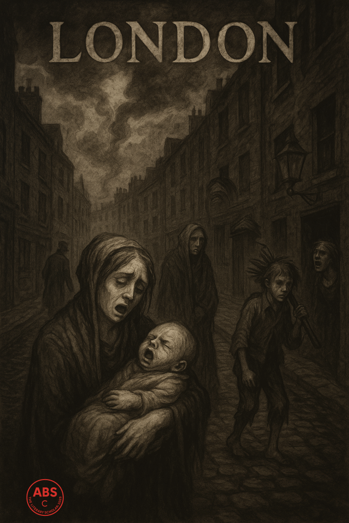 A gloomy street scene showing a distressed mother with her baby, a soot-covered chimney sweep, and weary figures under a smoke-darkened sky
