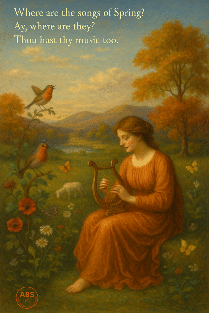 A woman in an orange gown plays a lyre in a garden filled with butterflies, robins, lambs, and wildflowers under golden hills
