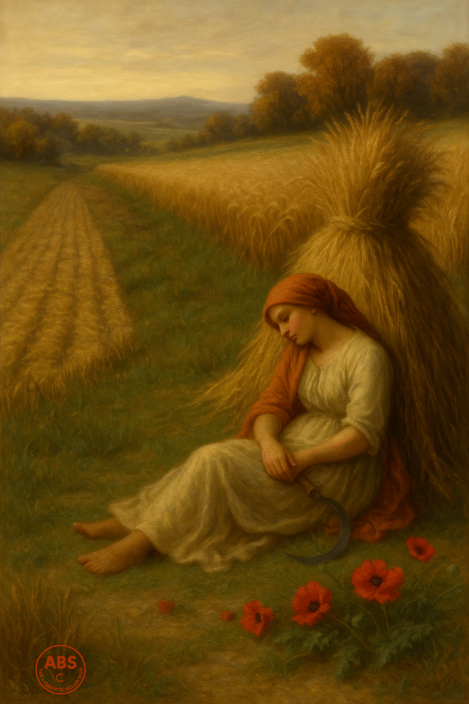 A serene figure with a sickle lies dozing in a half-harvested field, poppies scattered near their feet