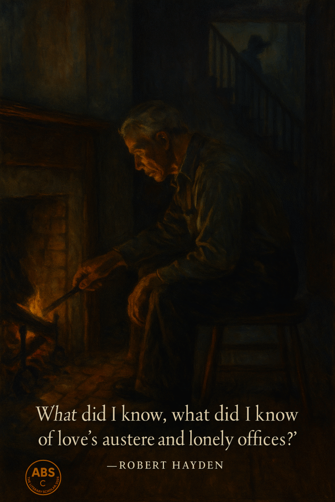An elderly man tending a fire in a dark room while a child stands in shadow on the stairs