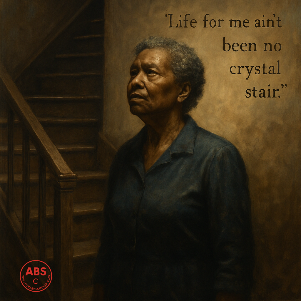 An older Black woman standing beside a worn wooden staircase in dim light, gazing upward