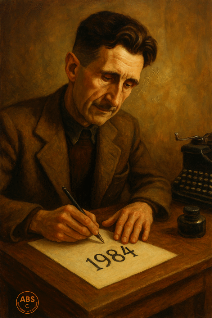 George Orwell, in a brown jacket, writing “1984” at a wooden desk with a pen, beside a typewriter and inkwell, captured in a warm-toned oil painting.