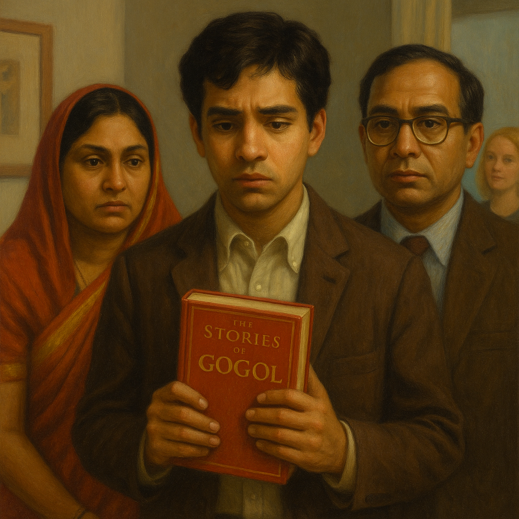 A young South Asian man stands between his traditional parents, holding a red book titled “The Stories of Gogol,” in a thoughtful oil painting.