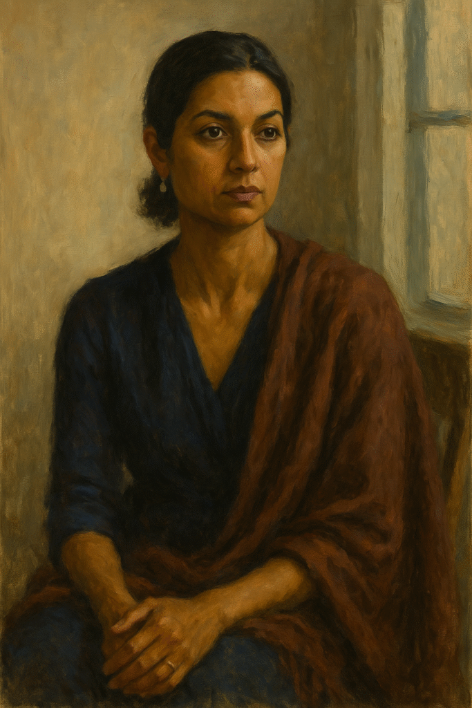 A contemplative South Asian woman in a navy blouse and rust-colored shawl sits near a window, painted in soft oil tones.