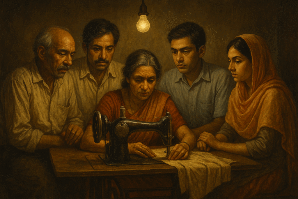 Four South Asian figures gather around a vintage sewing machine beneath a hanging lightbulb in a dimly lit room, focused and silent.