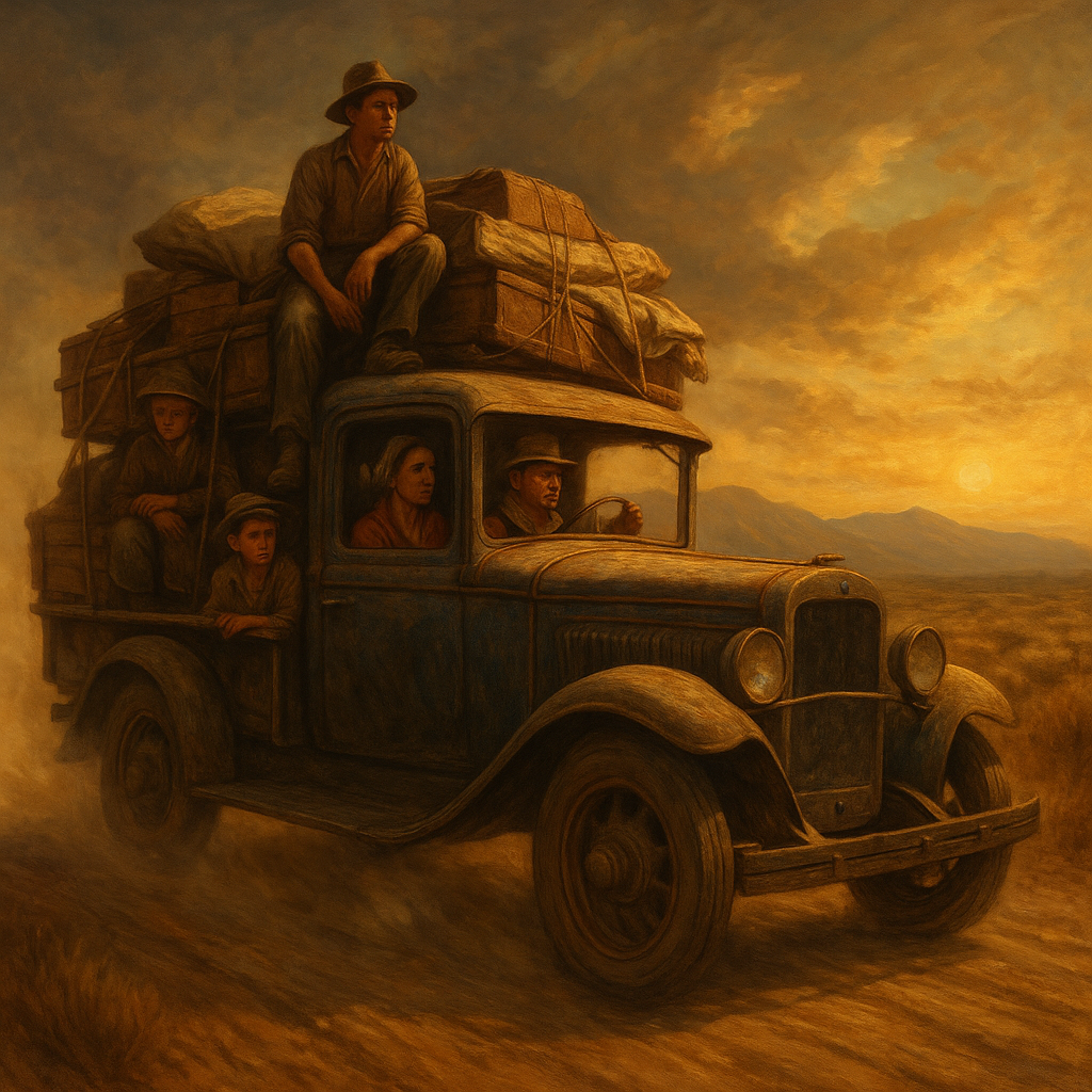 A dust-covered truck carries the Joad family through a barren landscape at sunset, stacked high with belongings and layered with fatigue.