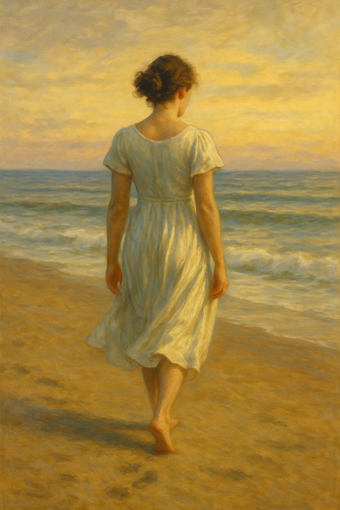 , A barefoot woman in a light dress walks toward the sea at sunset, her back turned, the sky softly glowing in hues of gold and blue.