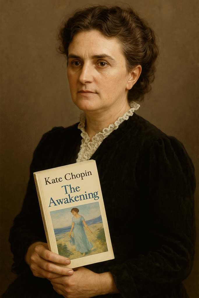 A dignified woman in Victorian attire holds a copy of The Awakening, her gaze steady and composed against a neutral backdrop.