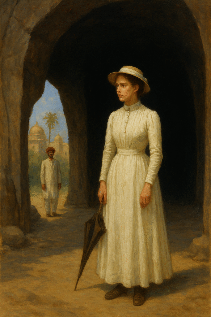 A Victorian woman stands at the entrance of a cave, holding a parasol, while a distant Indian man watches; domes and palm trees fill the backdrop.