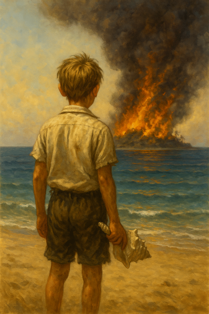 A blond boy stands on the beach holding a conch, watching his island burn across the water under thick black smoke.