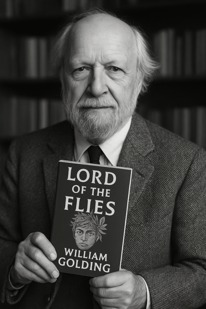 William Golding, in a formal tweed jacket, holds a copy of his novel Lord of the Flies in a serious black-and-white portrait.