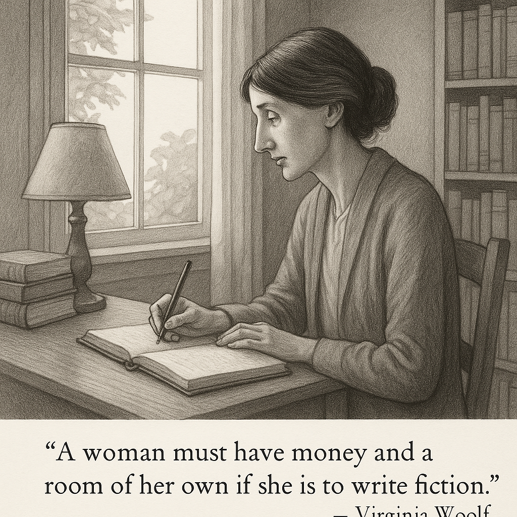 Virginia Woolf sits at a wooden writing desk near a large window, sunlight casting soft shadows across her notebooks and inkpot.