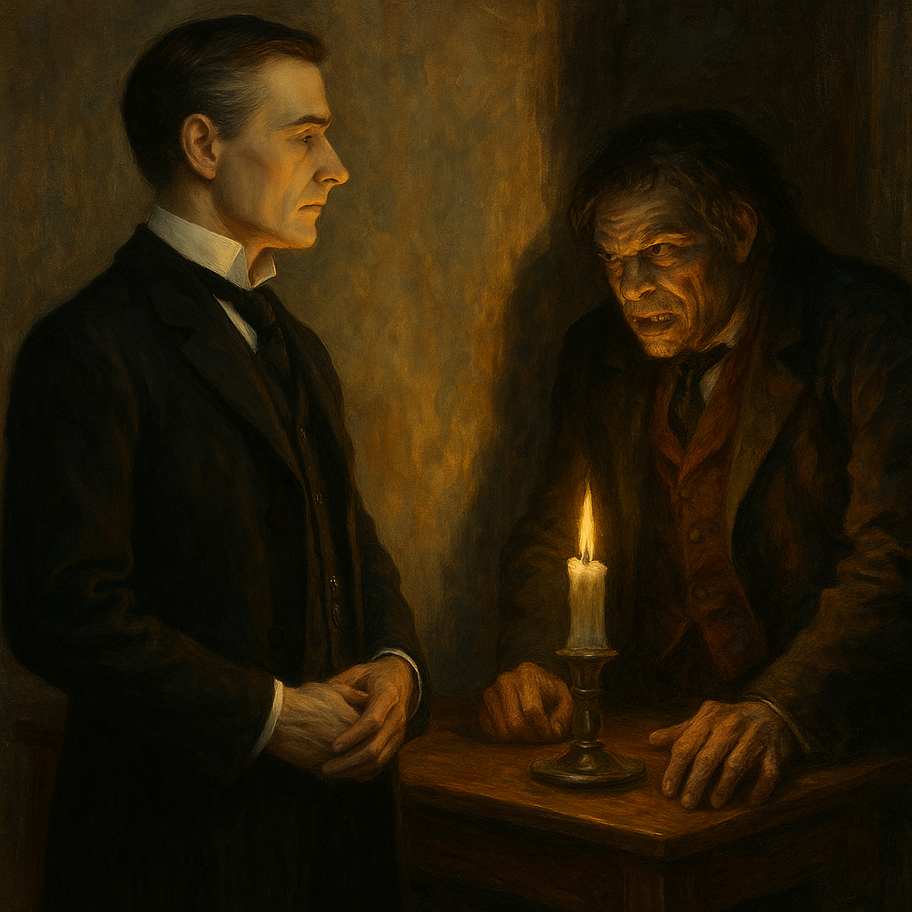 A Victorian man stands beneath a flickering gas lamp, half of his face refined and noble, the other twisted and savage—visually split between Jekyll and Hyde.