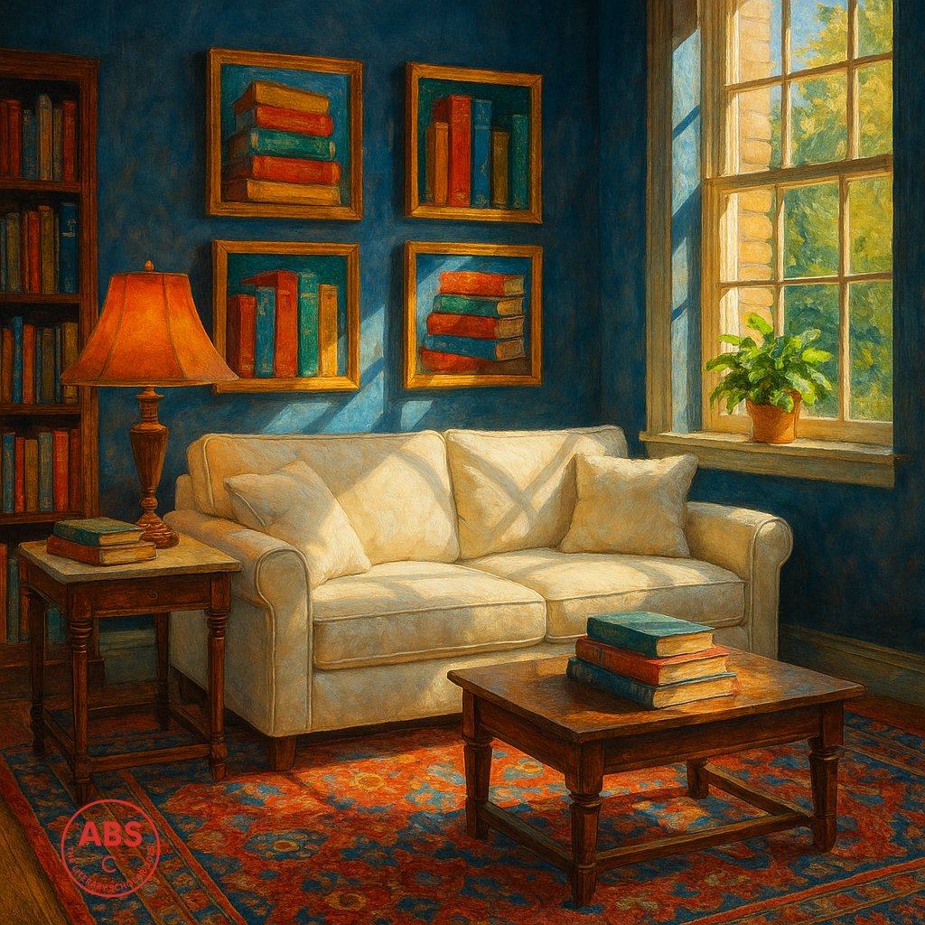 Literary Sketches, A well-lit room with floor-to-ceiling white bookshelves filled with colorful books, a cream-colored sofa, and a brass table lamp on a round wooden table.