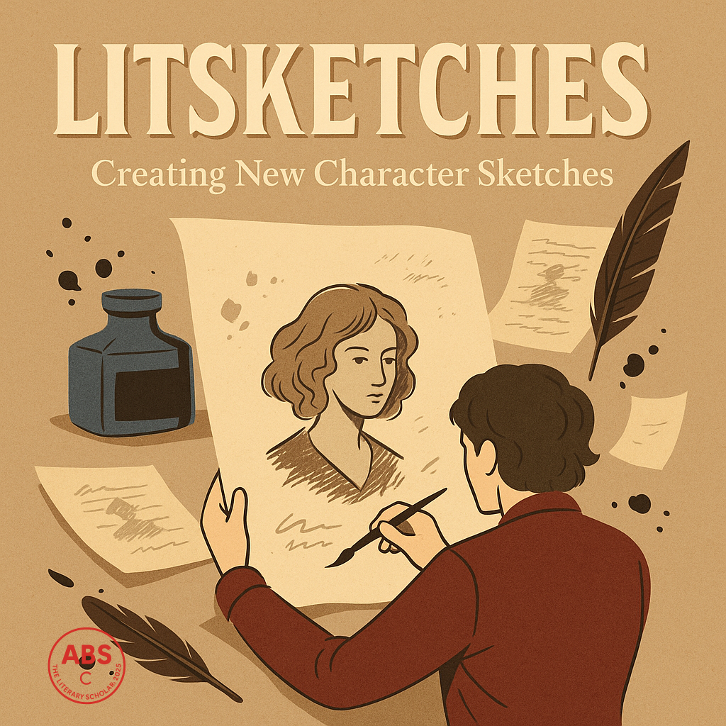 A modern digital illustration with the word "LITSKETCHES" in bold, stylized typography, surrounded by floating pages, ink splashes, and vintage literary motifs.
