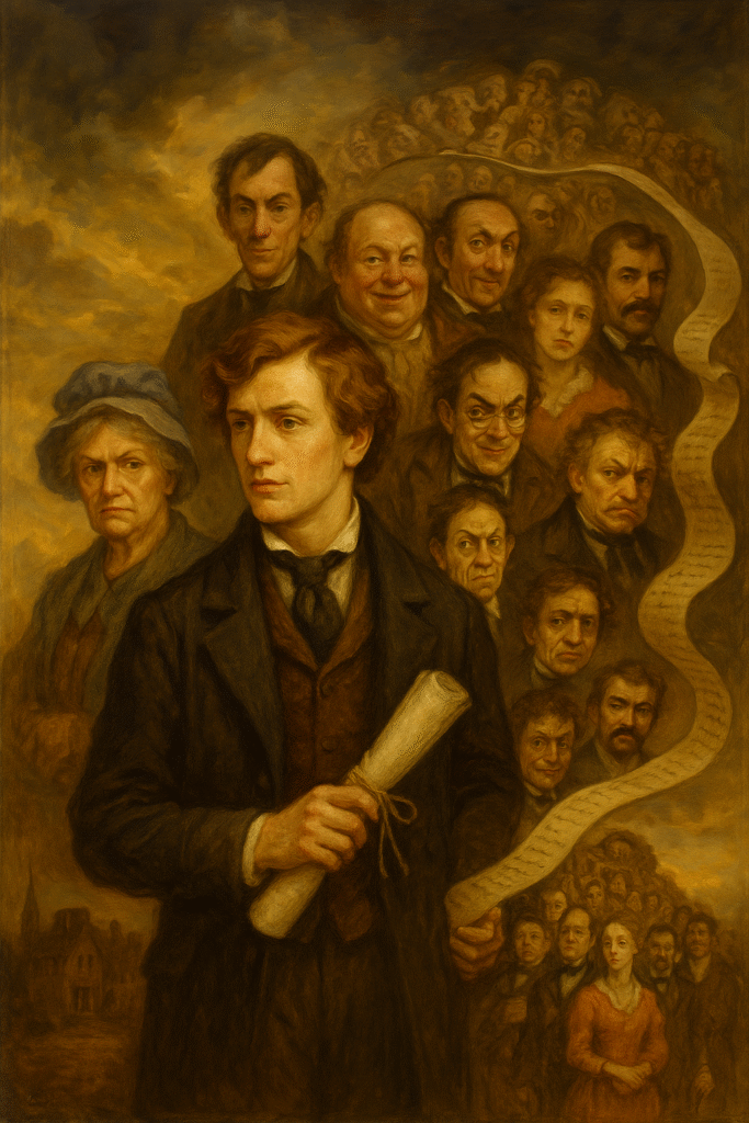 A young man with a scroll stands surrounded by vivid Dickensian characters, including a stern woman and a mischievous-looking man, in a golden-toned oil painting.