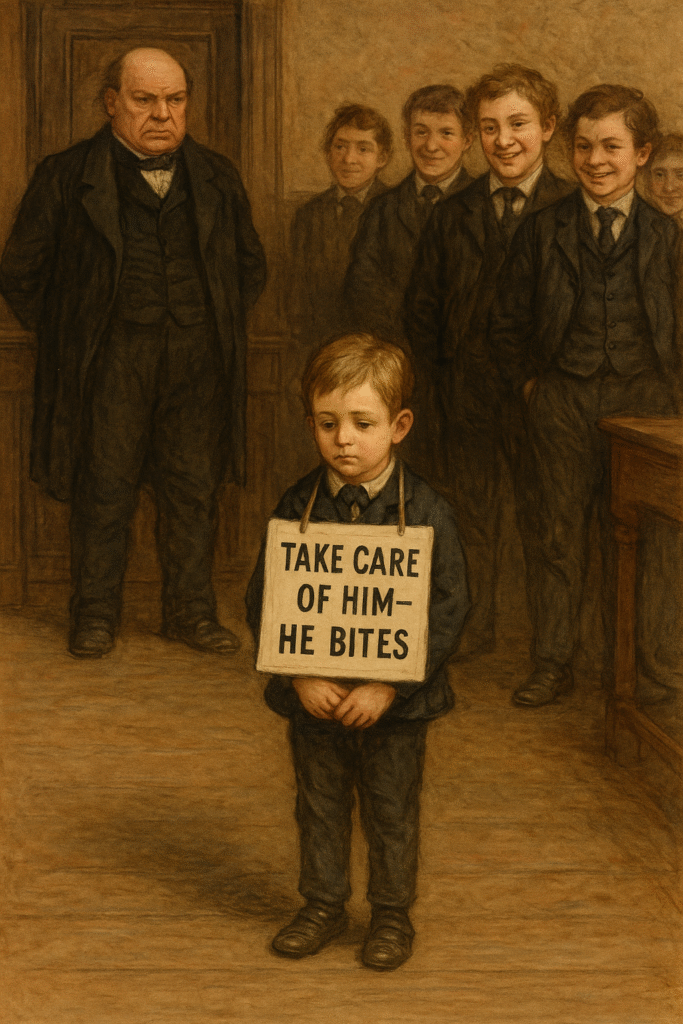 A small boy stands alone with a placard reading “Take care of him—he bites,” while older schoolboys laugh and a stern headmaster watches.