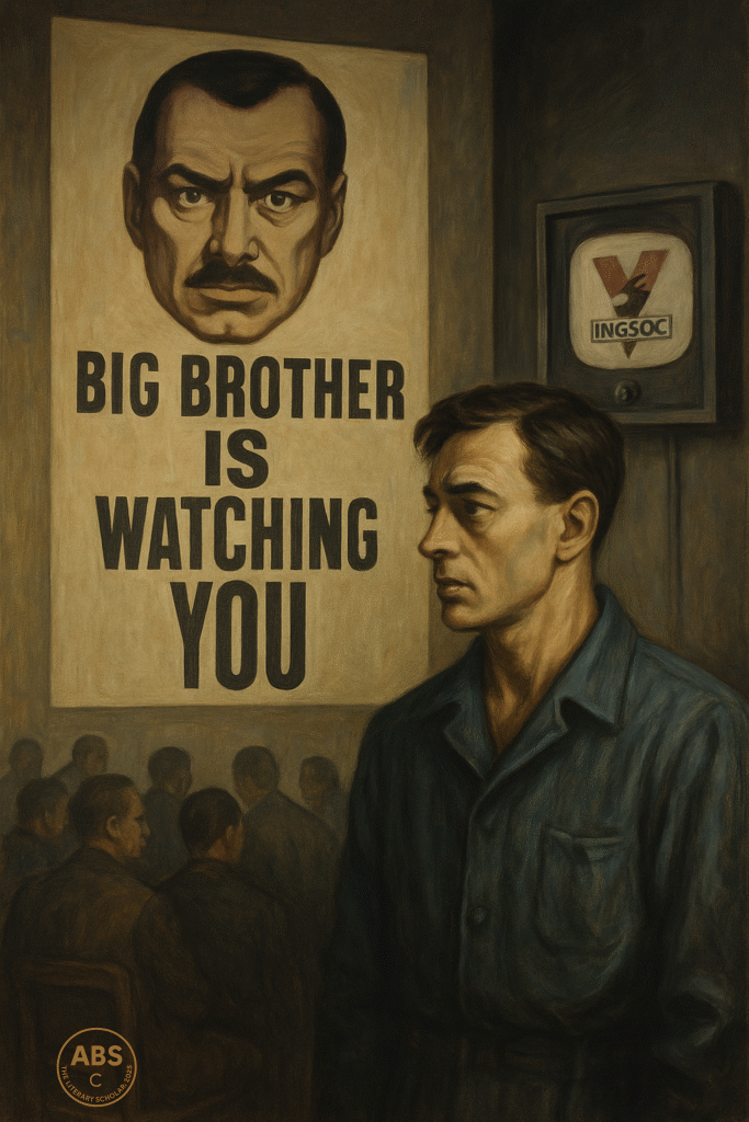 A man in a blue uniform stands solemnly before a wall bearing a poster of Big Brother and a telescreen labeled “INGSOC” in a dim, controlled setting.