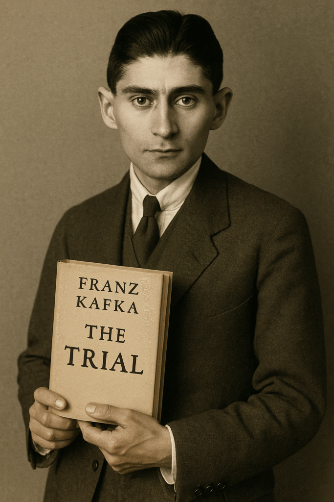 Franz Kafka, dressed in a dark suit, solemnly holds a copy of The Trial with its title clearly visible, standing against a muted backdrop.