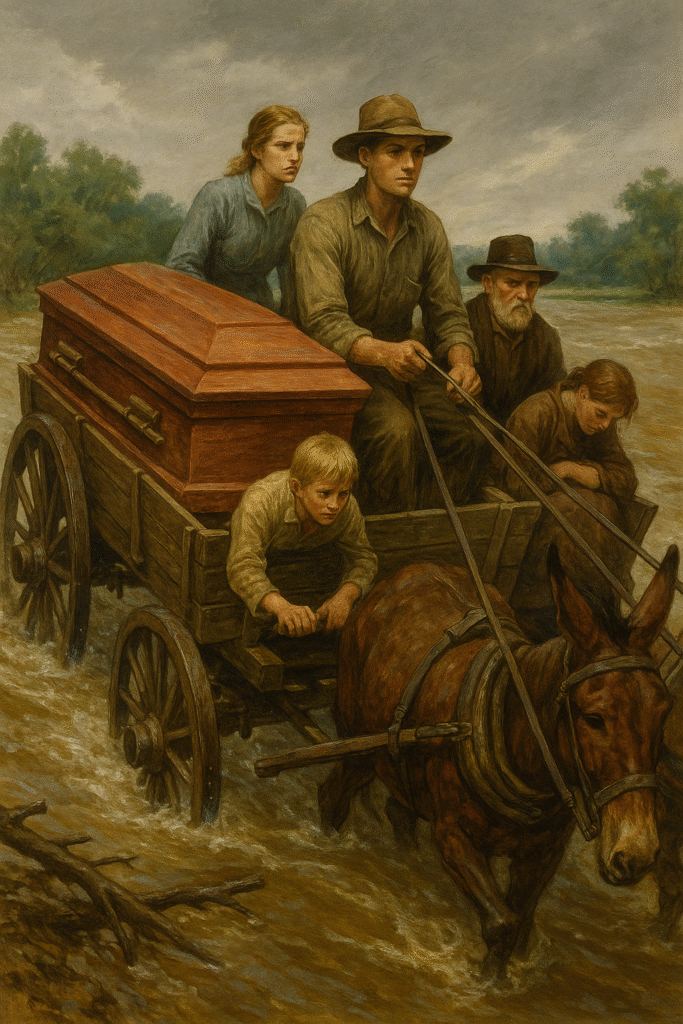 A rural family rides through a river in a mule-drawn wagon carrying a wooden coffin, under an overcast Southern sky.