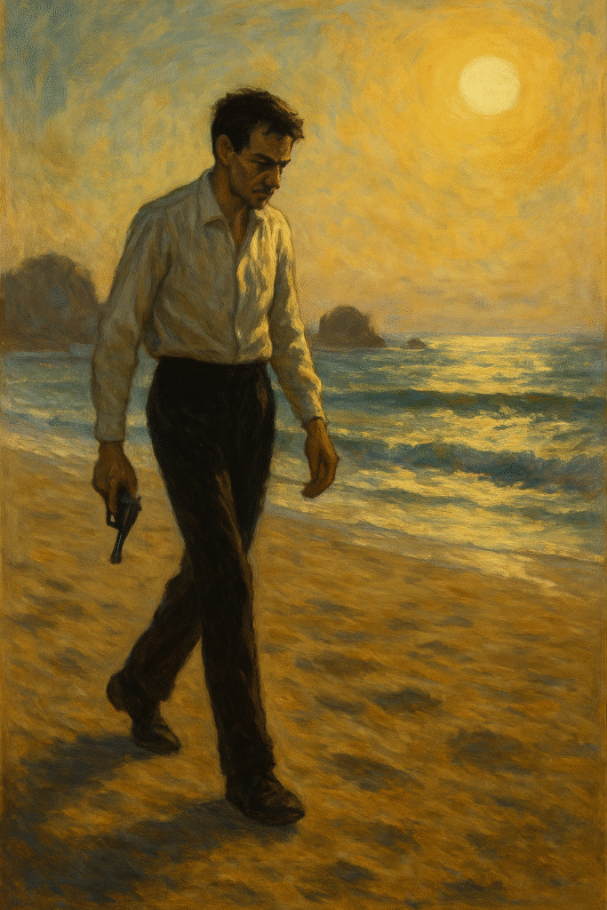 A solemn man in a white shirt and black trousers walks alone on a beach under a blazing sun, holding a revolver, with the sea beside him and distant rocks ahead.