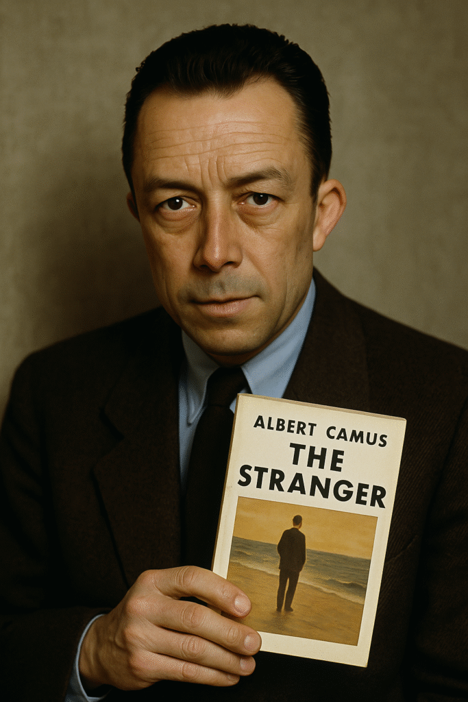 Albert Camus, in a dark overcoat, holds a copy of The Stranger while gazing into the distance, his expression unreadable and thoughtful.