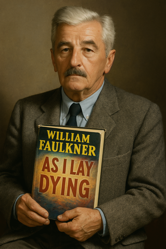 An elderly man with gray hair and a mustache, wearing a tweed jacket and tie, holds a copy of the novel As I Lay Dying by William Faulkner against a muted brown background.