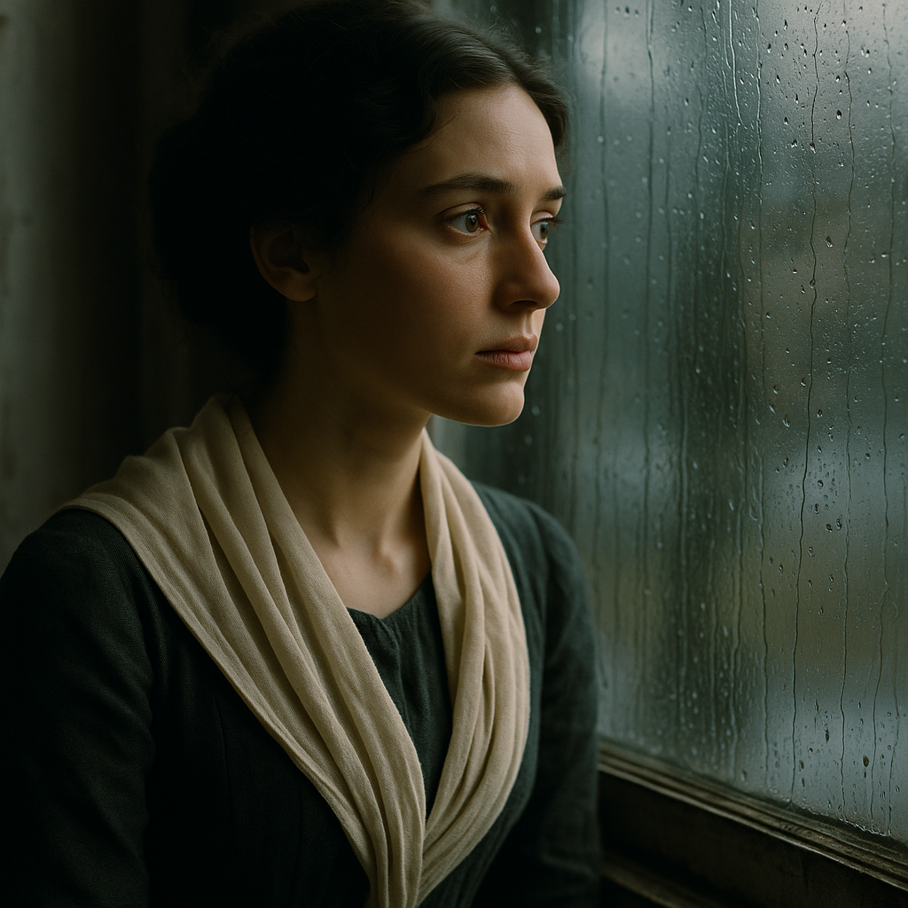 "Dorothea at the Window" Soft natural light from the overcast day casts a gentle glow on her face, emphasizing her introspective expression.