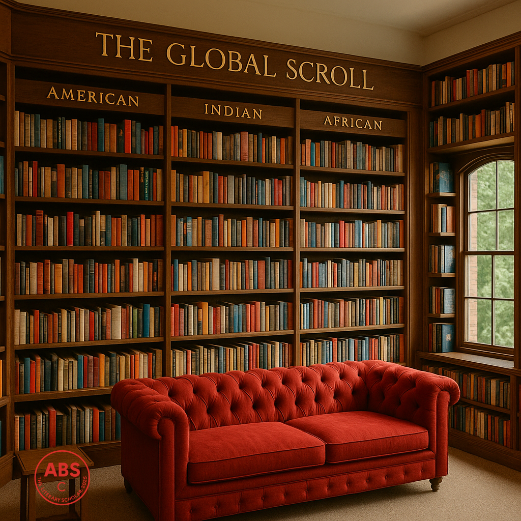 A cozy red sofa sits in a sunlit library nook surrounded by bookshelves labeled American, Indian, and African. A large window lets in natural light, highlighting “The Global Scroll” sign.