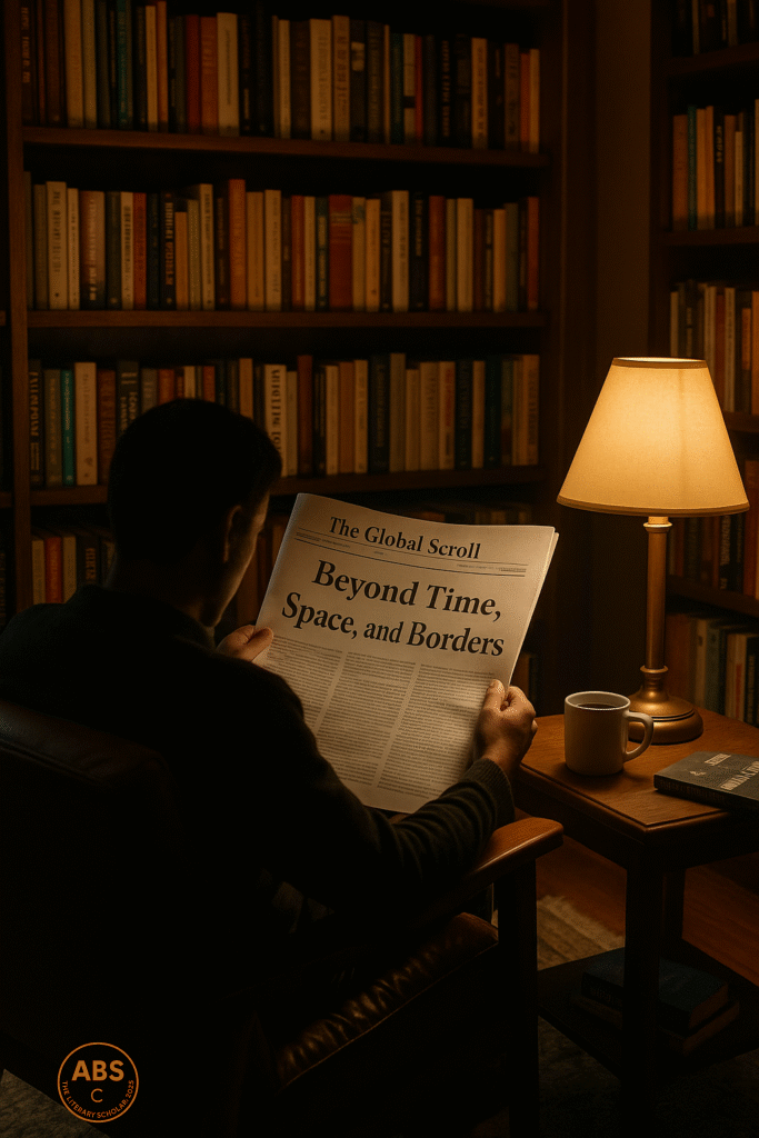 A person sits at a wooden desk, lit by a soft lamp, reading a large newspaper titled "BEYOND TIME, SPACE, AND BORDERS" with a world map on the page. Bookshelves and a cup of coffee surround them.