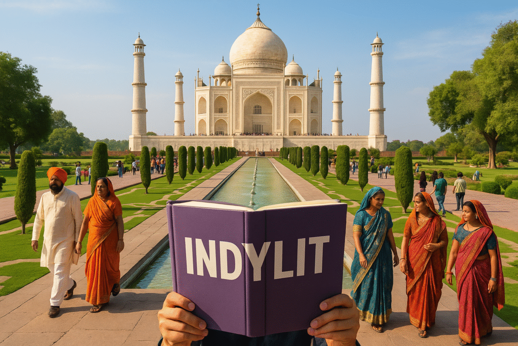 Children and adults in traditional Indian clothing walk and read near the Taj Mahal, surrounded by manicured gardens, a reflecting pool, and vibrant greenery. A large purple book titled “INDYLIT” is held in the foreground, and the monument stands prominently in the background.