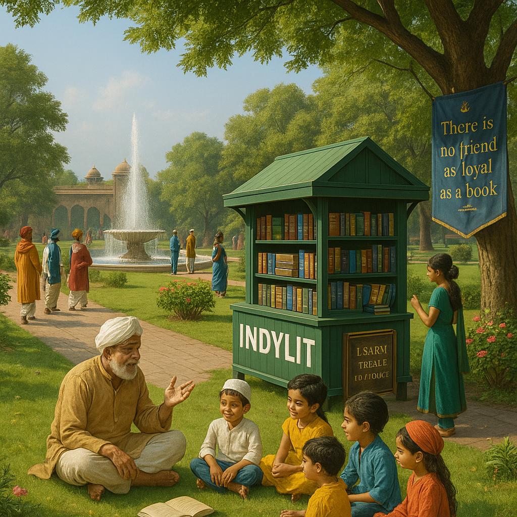 An elderly Indian man sits under a massive banyan tree, telling stories to five children sitting around an open book, with a temple and a fountain visible in the background.
