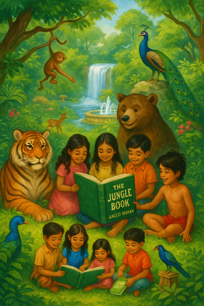 Mowgli and children sit surrounded by jungle animals—tigers, bears, monkeys, and peacocks—reading a book titled “THE JUNGLE BOOK – ANGLO INDIAN” near a forest fountain and waterfall.