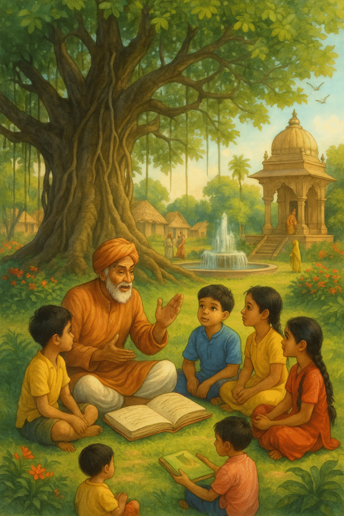 An elderly Indian man sits under a massive banyan tree, telling stories to five children sitting around an open book, with a temple and a fountain visible in the background.