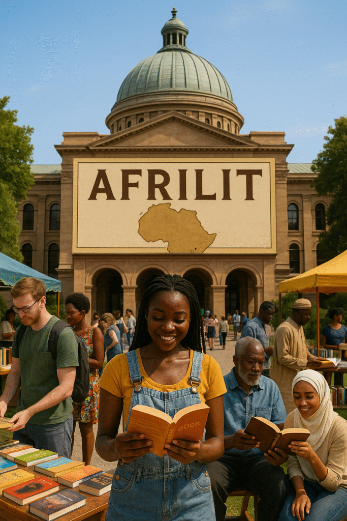A grand building displays the word "AFRILIT" above a map of Africa. Diverse visitors—Black, white, and multiracial—gather around book stalls enjoying African literature outdoors under the sun.