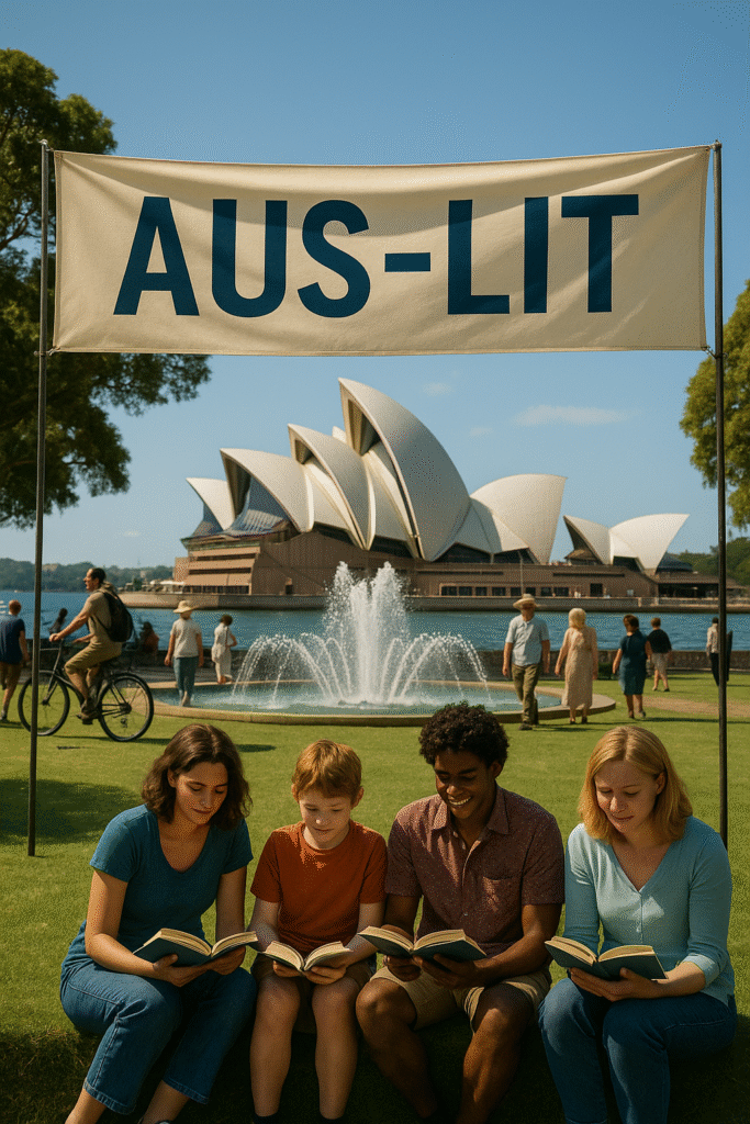 A group of people read books on the lawn in front of the Sydney Opera House. A fountain sprays behind them, and a large cream banner reads “AUS-LIT” in bold blue letters. The sky is clear and the park is lively.