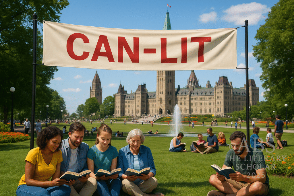 A group of people sits on the green lawn in front of Canada’s Parliament buildings, reading books under a large banner that reads “CAN-LIT.” A fountain sprays in the background on a sunny day.