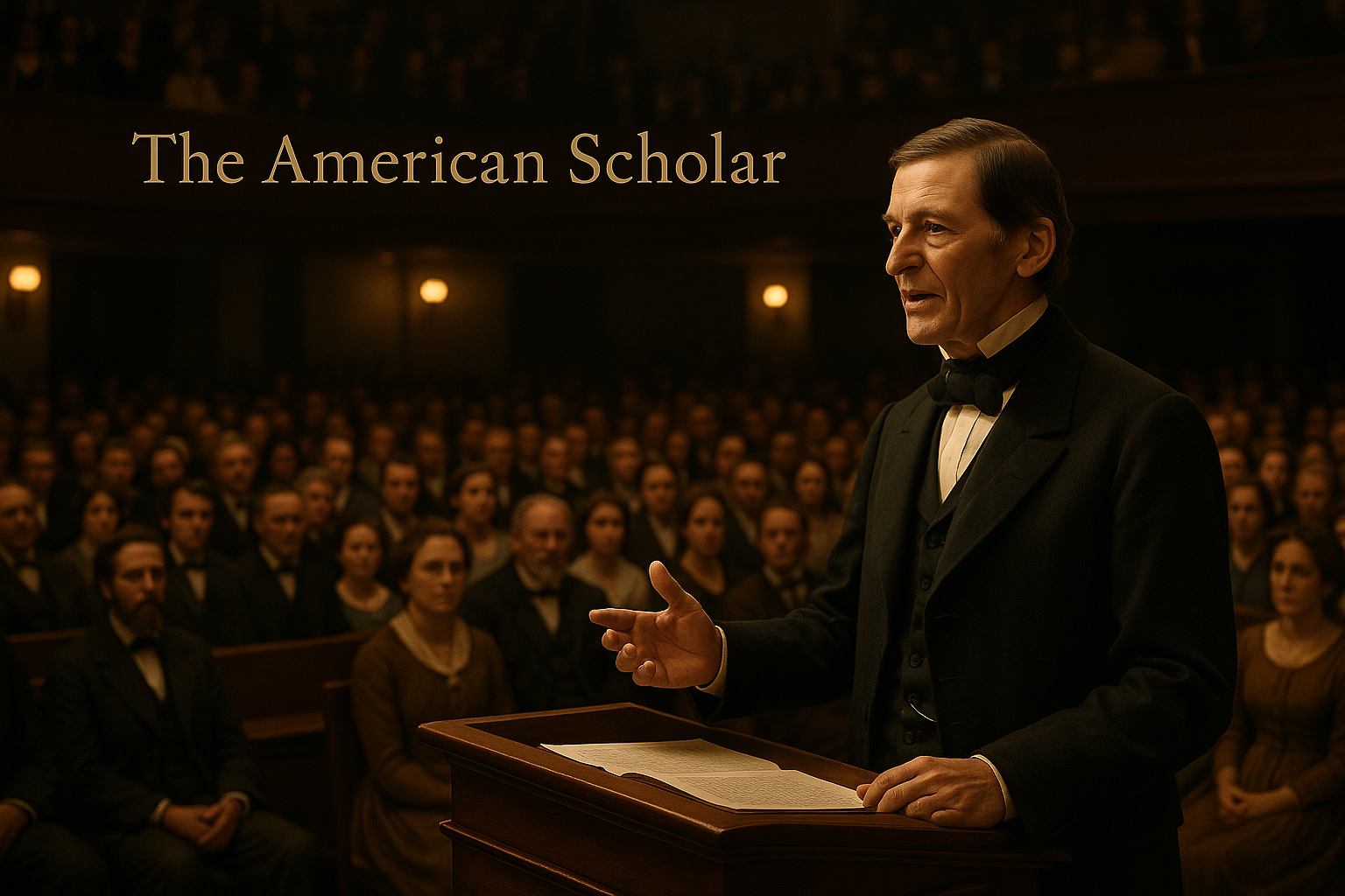 Ralph Waldo Emerson, dressed in formal 19th-century attire, speaks passionately from a wooden podium to a large seated audience in a candlelit auditorium, delivering his lecture “The American Scholar.” The words “The American Scholar” are projected behind him.