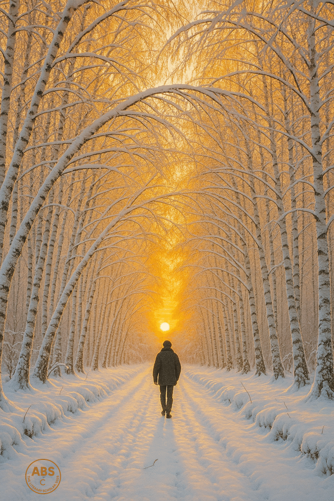 A snow-covered path lined with tall birch trees curves into a glowing golden sunrise. The tree branches arch overhead, forming a natural tunnel. A lone figure walks down the path, leaving footprints in the snow under the soft yellow and orange sky.