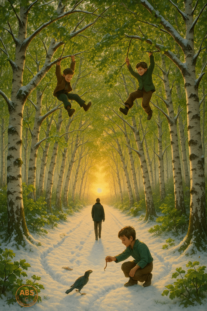 In a glowing winter forest with green-leafed birch trees, two young boys swing joyfully from branches above while another crouches near a bird in the snow, holding a worm. A solitary figure walks ahead toward the rising sun at the end of the tree-lined path.