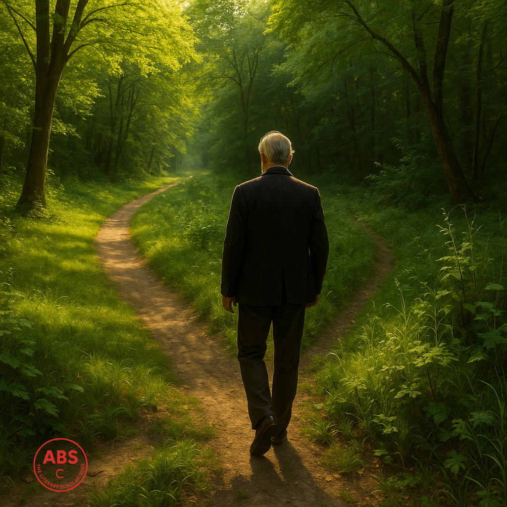 A man in a dark suit stands at a fork in a lush, sunlit forest. To the left, a clear, well-trodden path winds through tidy trees. To the right, a narrow, overgrown trail veers into shadow. The man steps toward the rougher path.