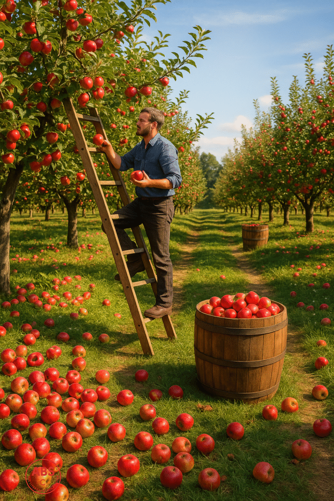 In a bright apple orchard, a man climbs a wooden ladder to pick red apples from a tree. Fallen apples scatter across the grass below, and large wooden barrels sit nearby, brimming with freshly picked fruit under the full sun.