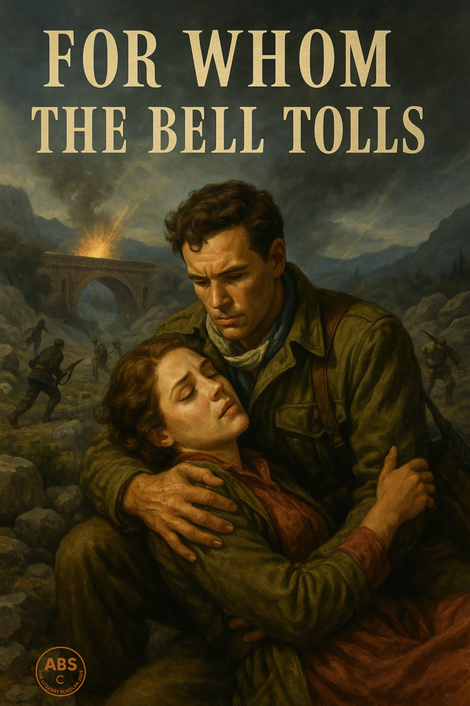 A soldier in worn green fatigues holds a dying woman close among mountain rocks while behind them, a stone bridge explodes in the distance amid gunfire and fleeing soldiers under stormy skies.