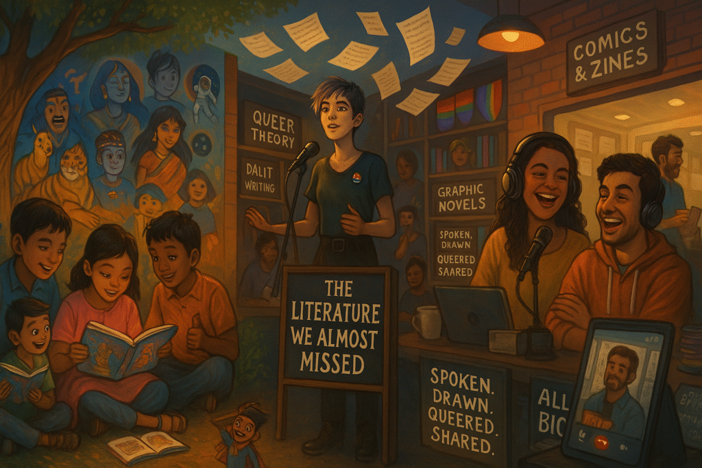A vibrant illustration showing three literary scenes: Indian children reading storybooks under a banyan tree, a queer poet performing on a spoken word stage surrounded by bookshelves labeled "Queer Theory" and "Dalit Writing," and two young podcasters recording a show in a cozy studio labeled "Comics & Zines" and "Graphic Novels." Floating pages and murals of diverse literary icons decorate the background.