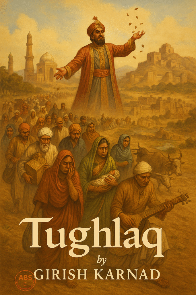 Sultan Mohammad bin Tughlaq stands above a large crowd of weary citizens migrating from Delhi to Daulatabad, as coins fall from his hands and medieval architecture frames the chaotic mass movement.