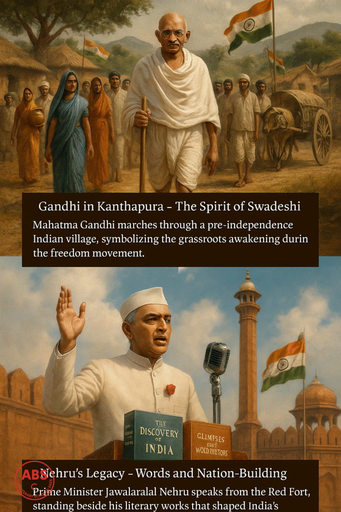 A split-poster image featuring Mahatma Gandhi leading villagers in a 1930s Indian village and Jawaharlal Nehru giving a speech at the Red Fort with his books displayed beside him.