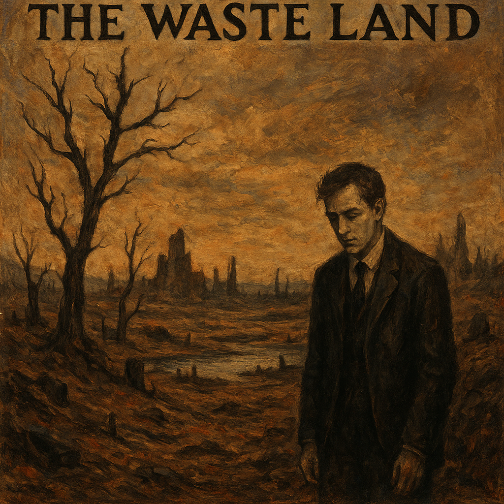 A painting of a solemn man in a suit standing in a barren, post-apocalyptic landscape with dead trees, cracked earth, and ruined buildings under a cloudy, orange-brown sky.
