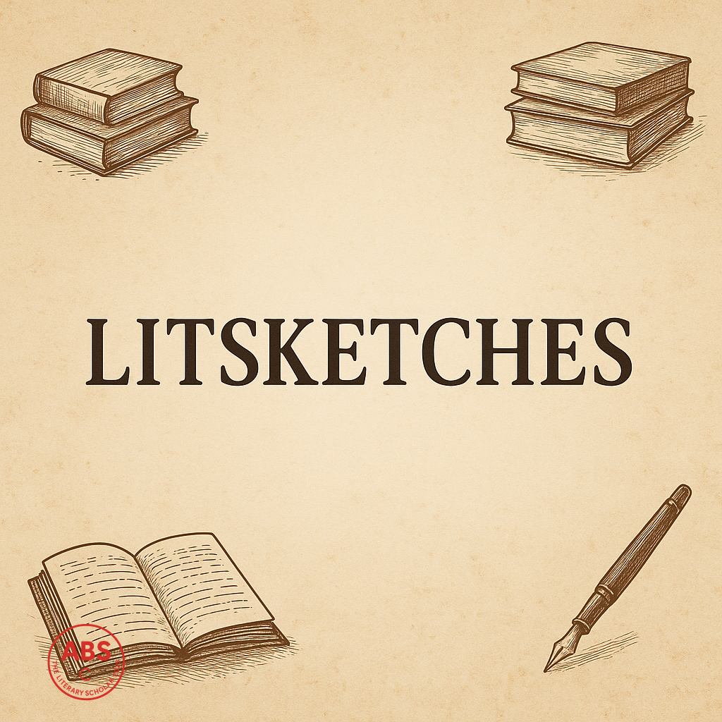 Literary Sketches, A modern digital illustration with the word "LITSKETCHES" in bold, stylized typography, surrounded by floating pages, ink splashes, and vintage literary motifs.